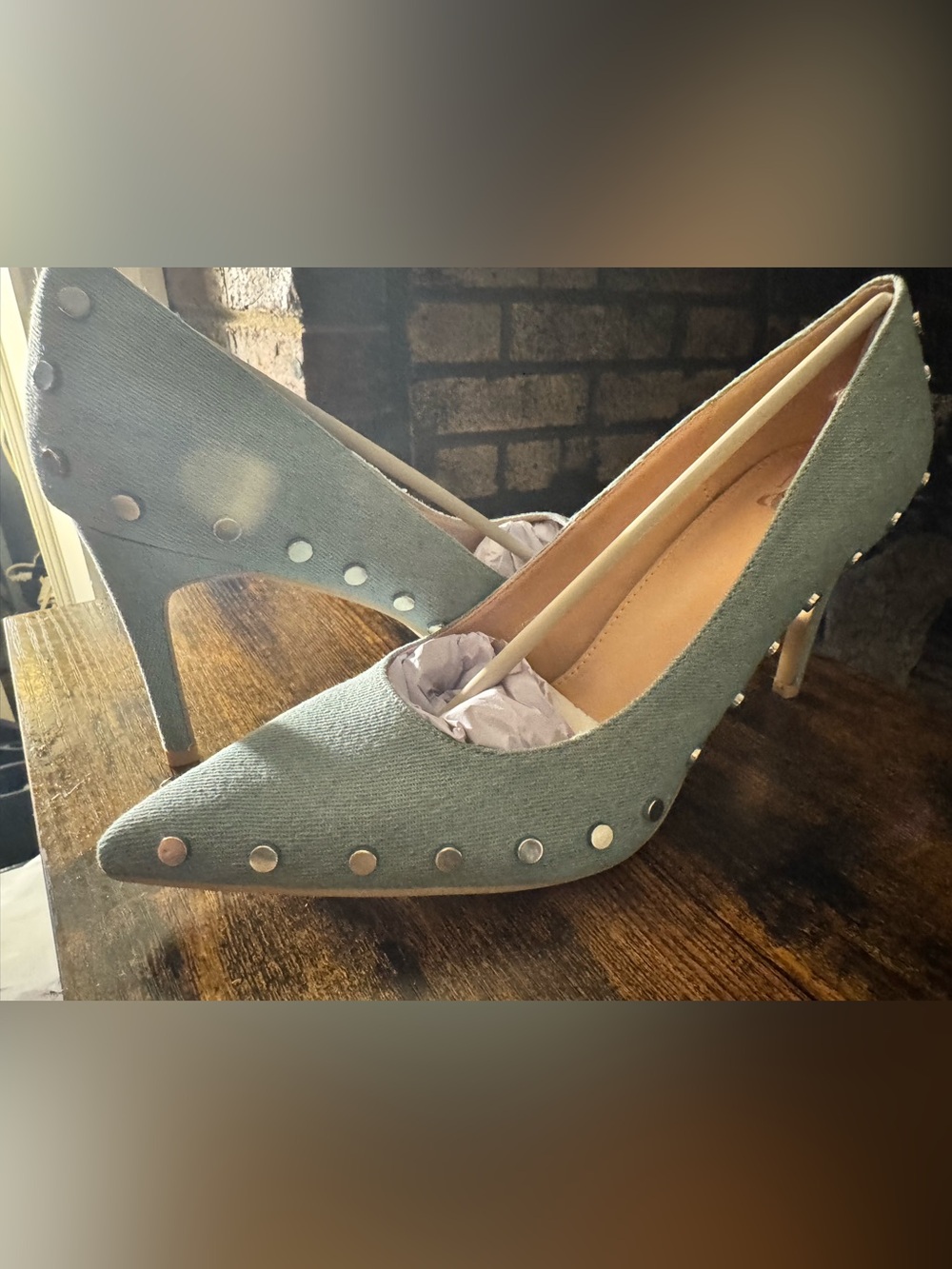 Classic Studded Pointed-Toe Pumps in Light Denim